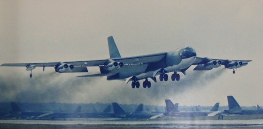 B-52 bomber takes off from Andersen Air Force Base in support of Linebacker II