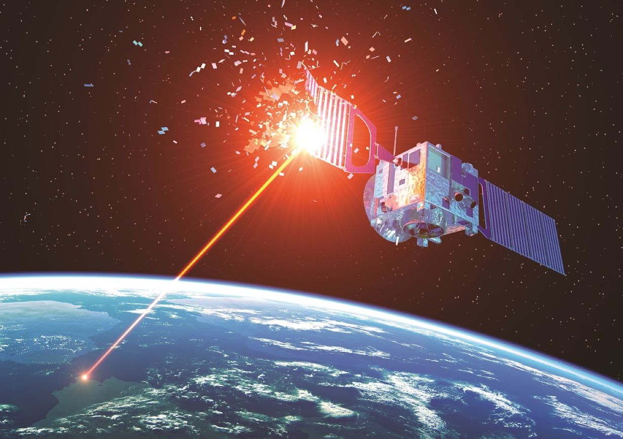 Laser Weapon From Earth Destroys Satellite In Space. 3D Illustration.