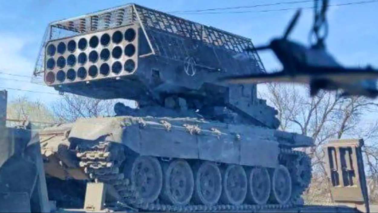 Russia Pounds Ukrainian Positions With TOS-1 'Solntsepyok' Flamethrowers  That Were Seen Installed With Cage Armor